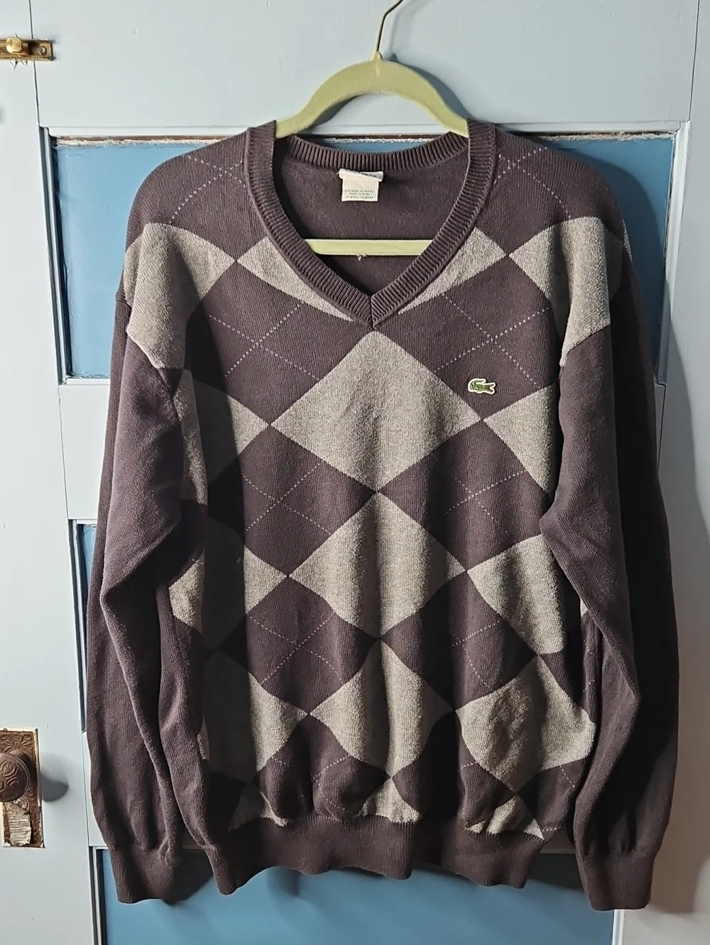 Lacoste Men's Argyle V-Neck Sweater in Dark Gray and Light Gray